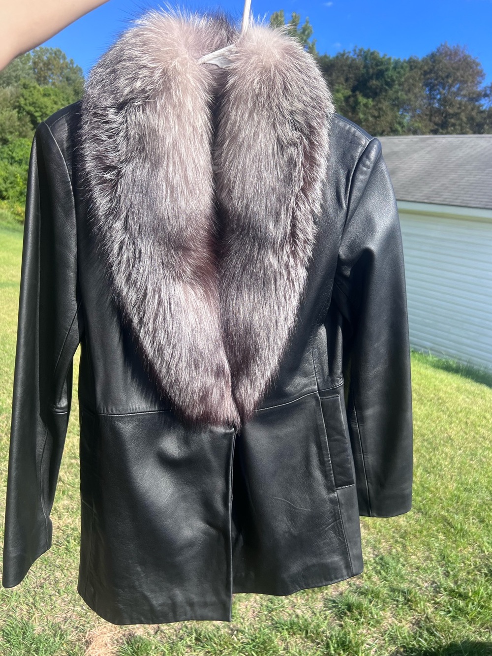 VTG Marvin Richards Black Leather Jacket Real Silver Fox Fur Collar Coat S